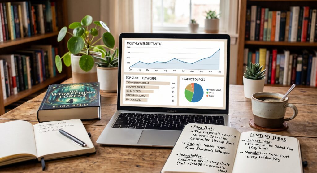 Author reviewing website SEO and search analytics on a laptop