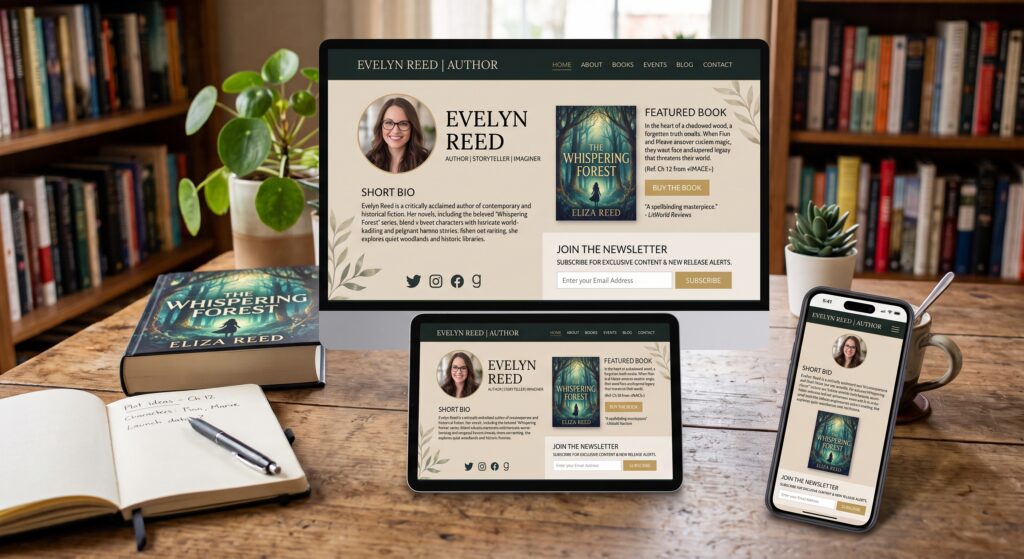 Author website displayed responsively on desktop tablet and smartphone