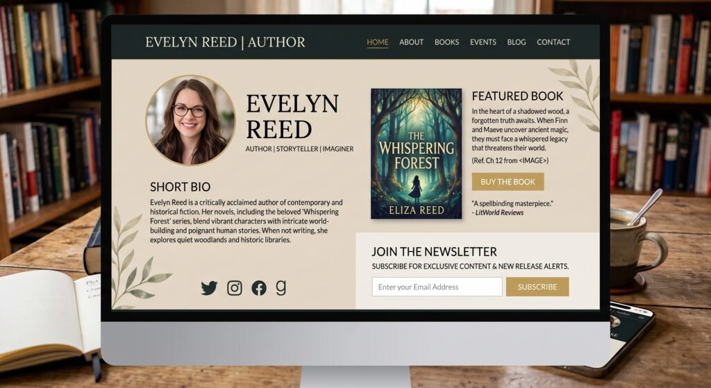Modern author website homepage featuring a book and newsletter signup