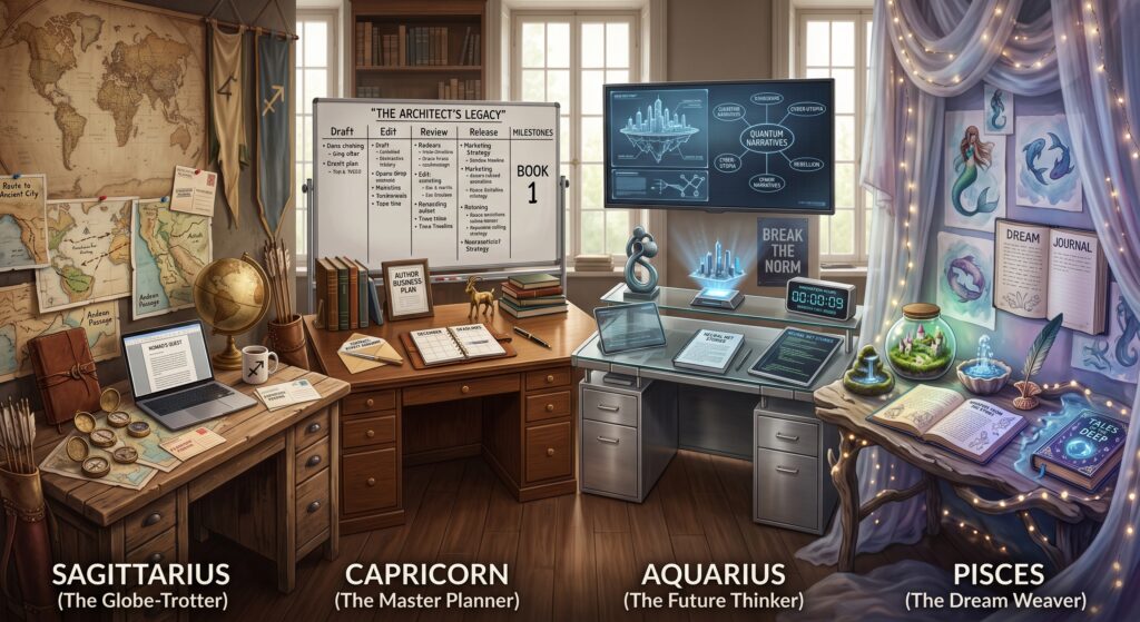 Sagittarius Capricorn Aquarius and Pisces zodiac signs representing different writers