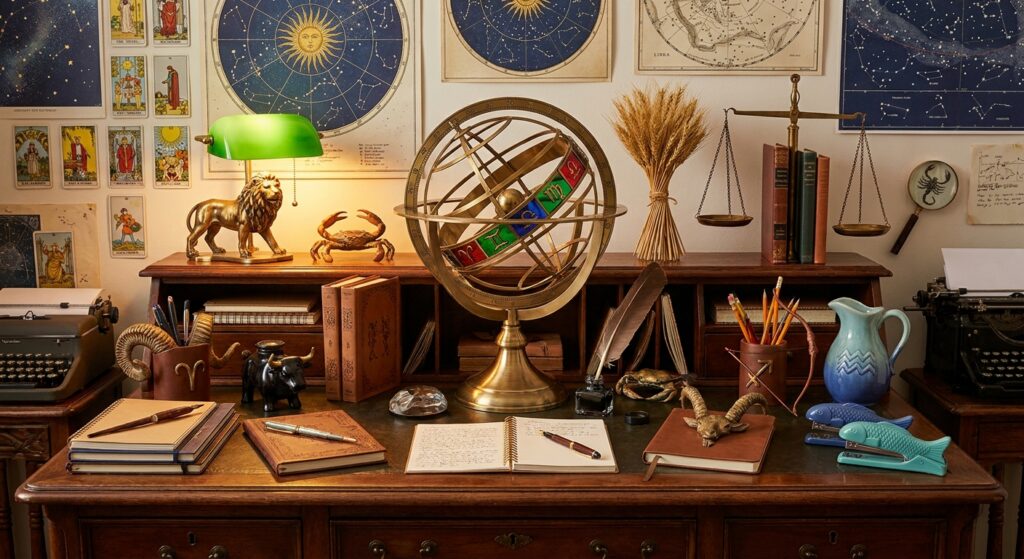 Writing desk surrounded by zodiac signs representing different writer personalities