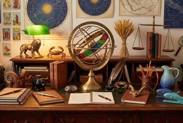 Writing desk surrounded by zodiac signs representing different writer personalities