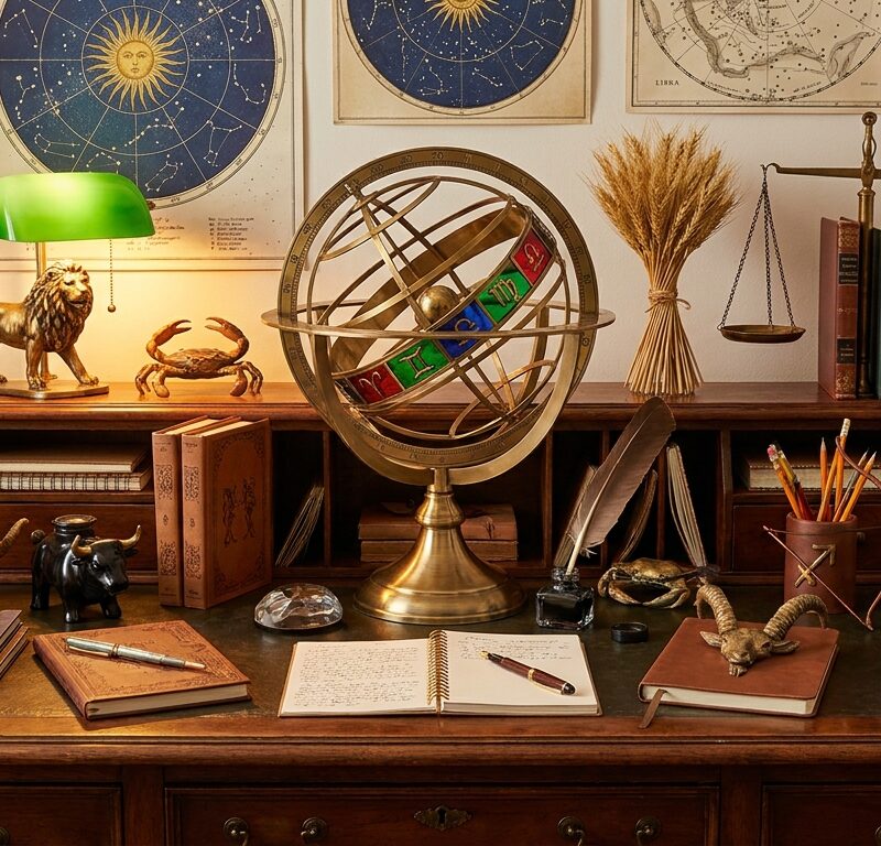 Writing desk surrounded by zodiac signs representing different writer personalities