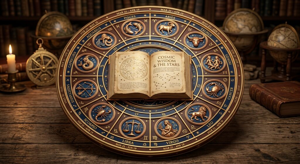 Twelve zodiac signs surrounding an open book for a writer personality guide