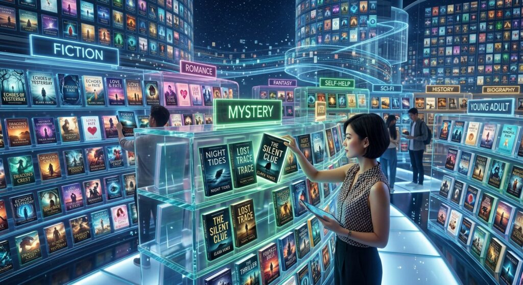 Digital bookstore shelves representing Amazon book categories and genres
