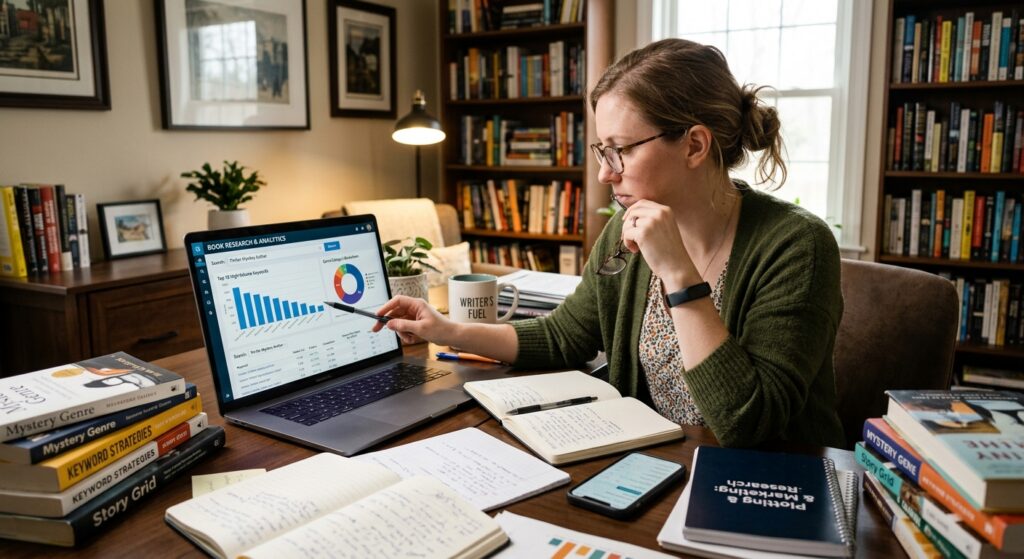 Author researching Amazon keywords and book categories on a laptop