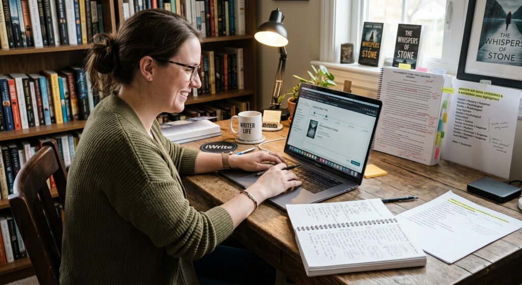 Author researching Amazon book categories on a laptop