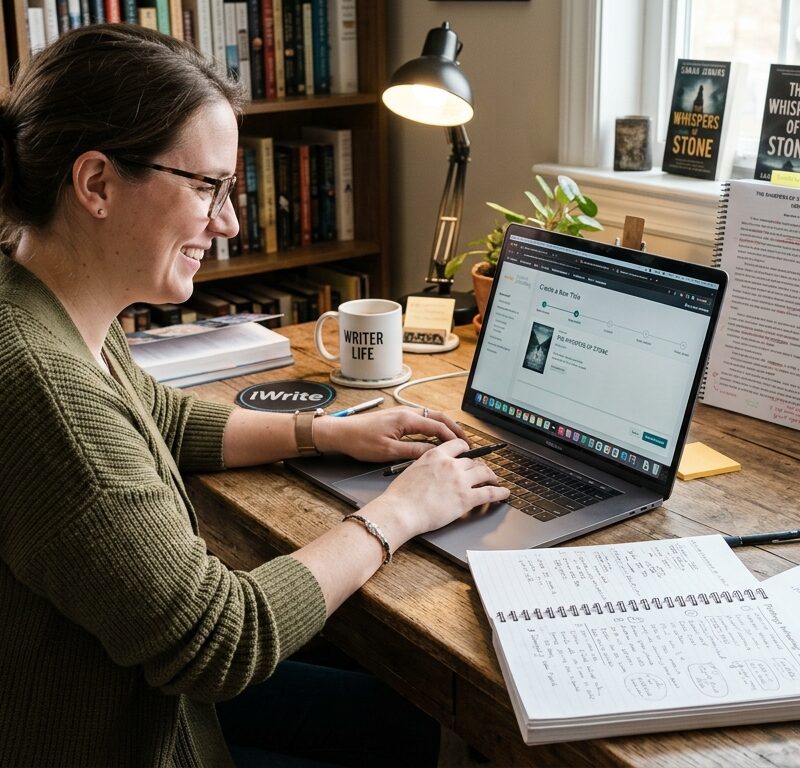 Author researching Amazon book categories on a laptop