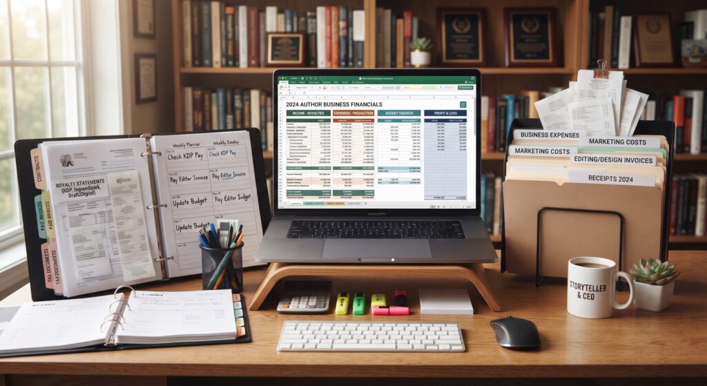 Author reviewing a financial spreadsheet beside a calculator and notebook.