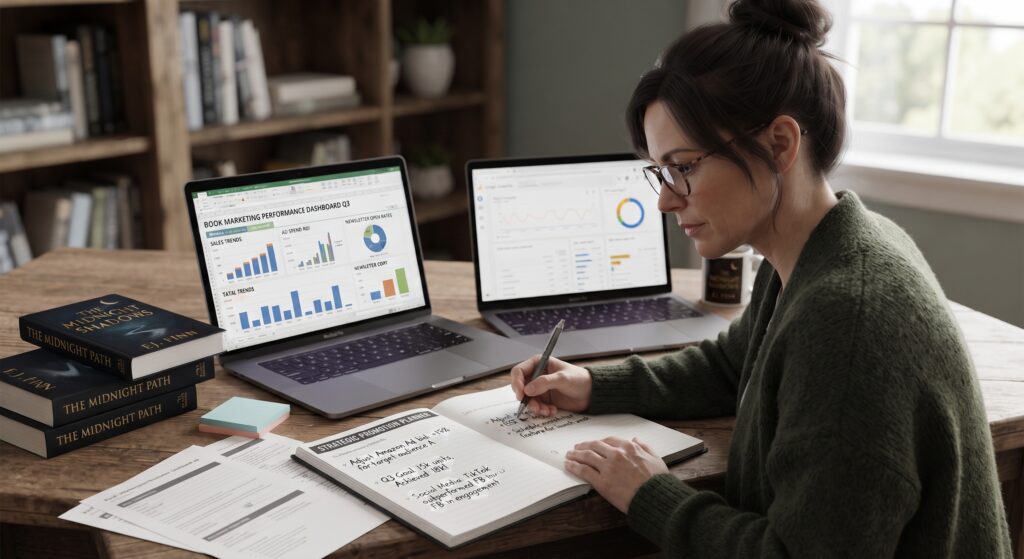 Independent author reviewing book marketing data on a laptop at a home office desk.