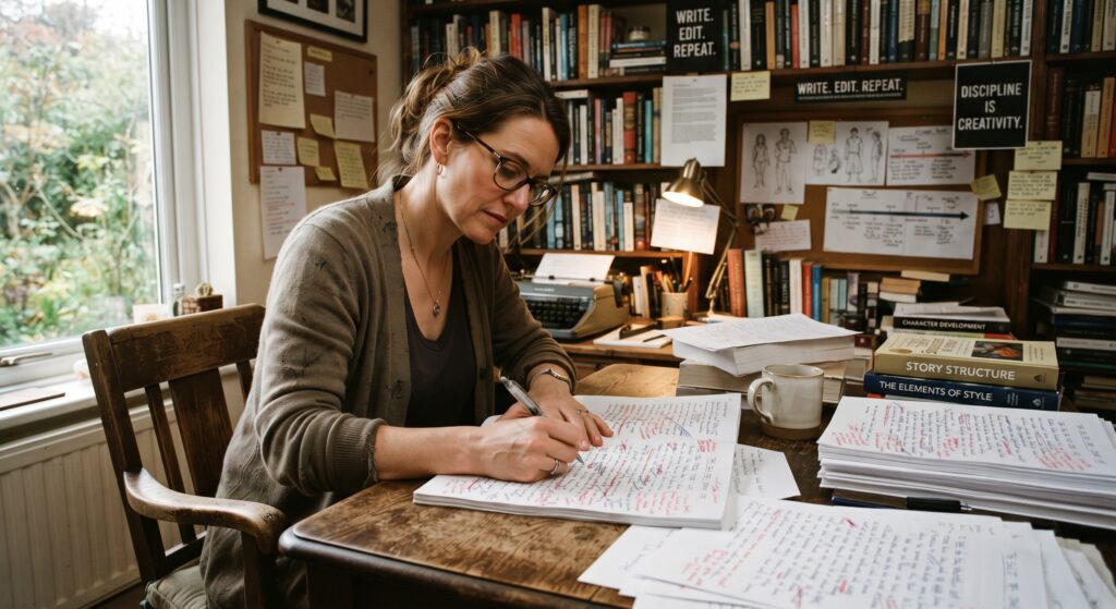 Author drafting a book manuscript at a desk with a notebook and laptop.