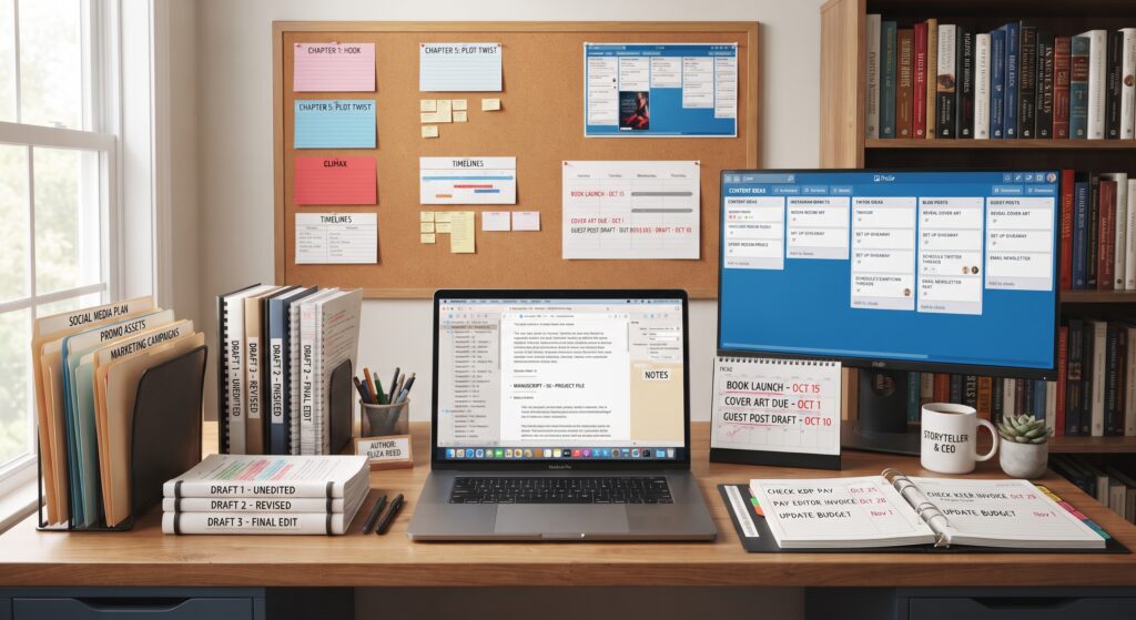 Author planning book promotion with a content calendar, laptop, and published books.
