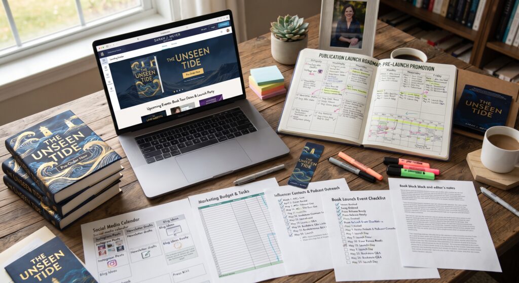 Independent author planning book marketing tasks with a laptop, calendar, and notebook.