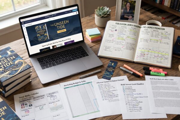 Independent author planning book marketing tasks with a laptop, calendar, and notebook.