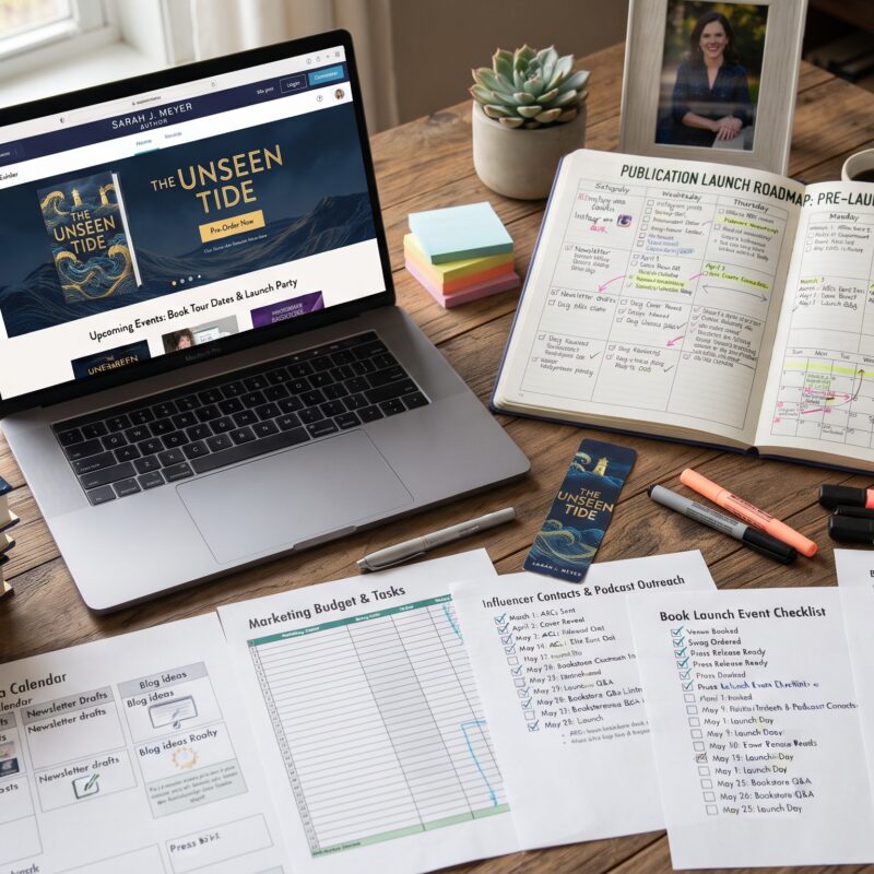 Independent author planning book marketing tasks with a laptop, calendar, and notebook.
