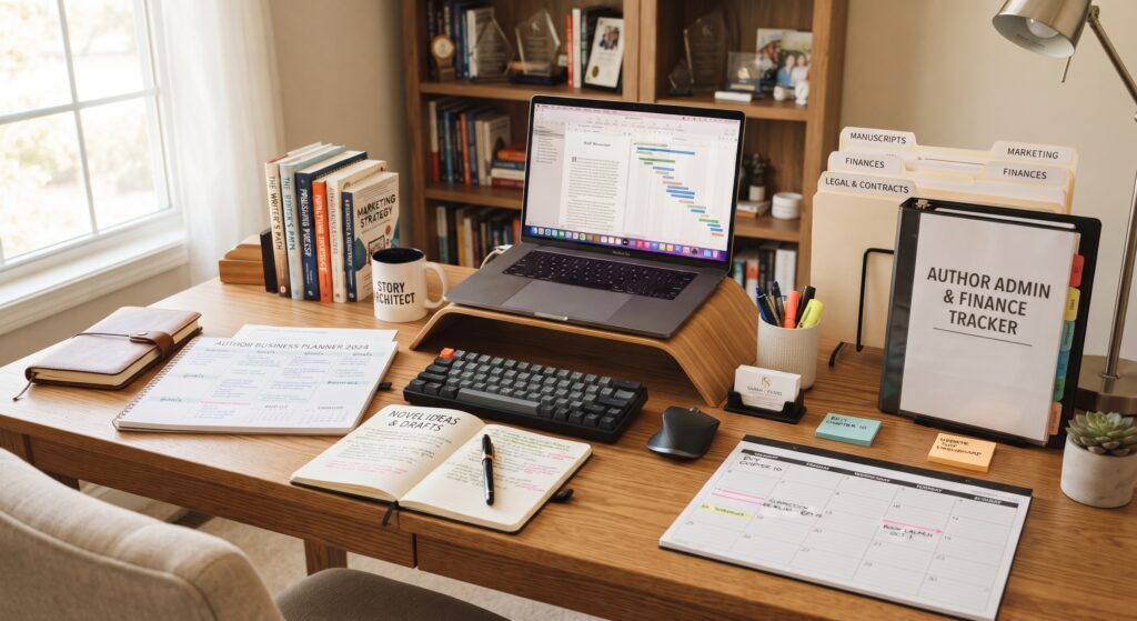 Author's workspace with a laptop, manuscript, notebook, and tablet for managing publishing tasks.
