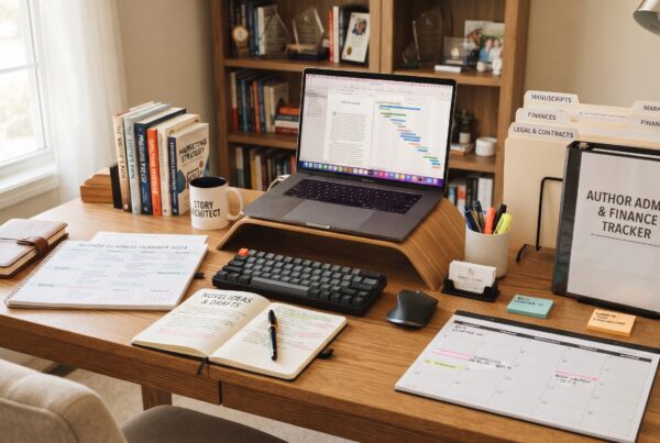 Author's workspace with a laptop, manuscript, notebook, and tablet for managing publishing tasks.