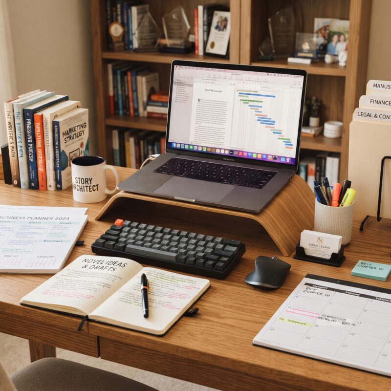 Author's workspace with a laptop, manuscript, notebook, and tablet for managing publishing tasks.