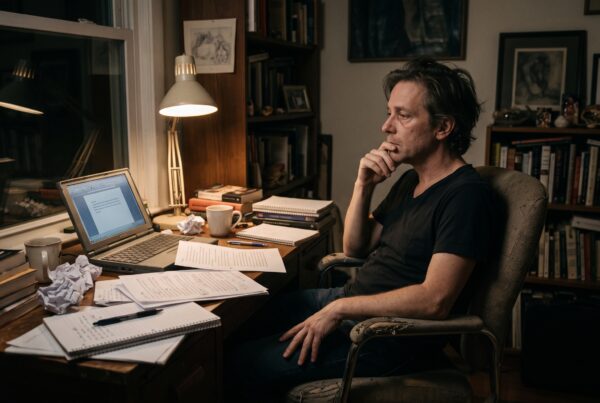 Writer sitting alone at a desk reflecting on a manuscript and creative goals