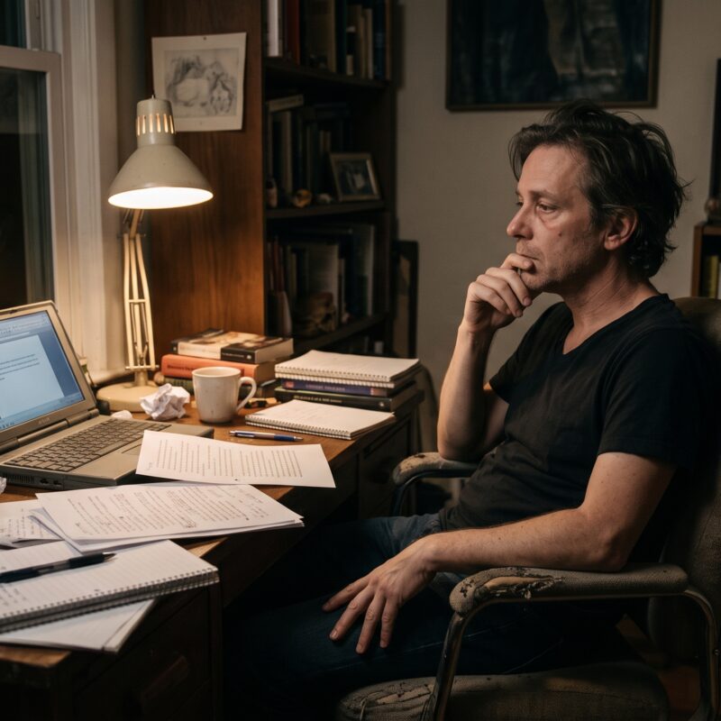 Writer sitting alone at a desk reflecting on a manuscript and creative goals